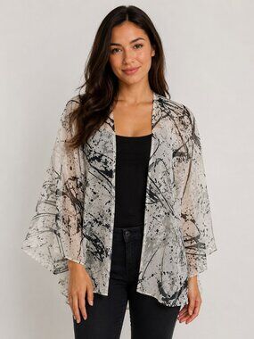 Bongo Women’s Sheer Kimono Cardigan L/G Black Gray Abstract Splatter Print